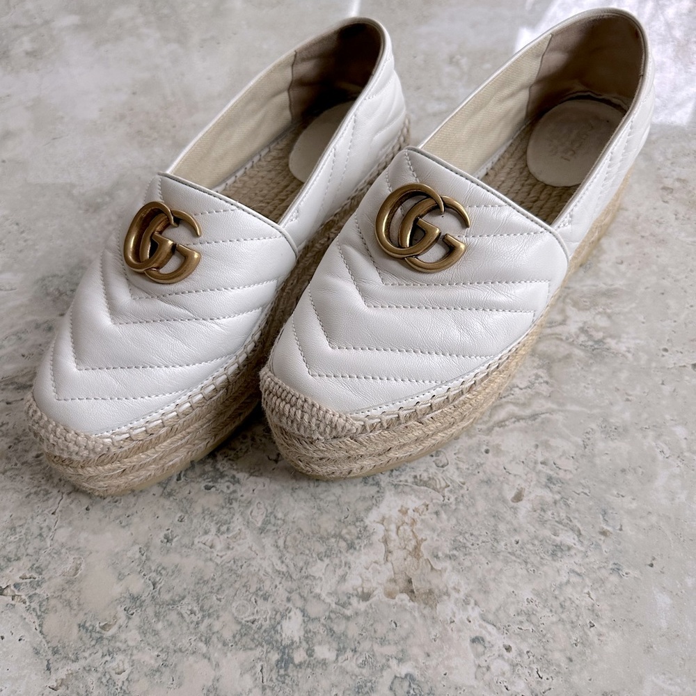 Gucci white platform espadrille double G gently used size 37 dust bags included